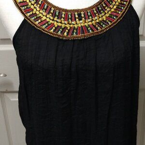 Spense Crinkle Hi-Lo Top Black with Embroidered Collar